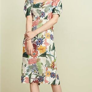 FARM Rio Floral Puff-Sleeve Midi Dress in Multi